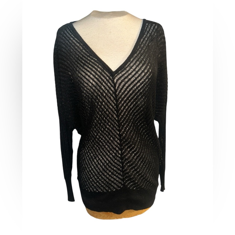 Jennifer Lopez Black Metallic Long Sleeve V-Neck Sheer Sweater Sz XS